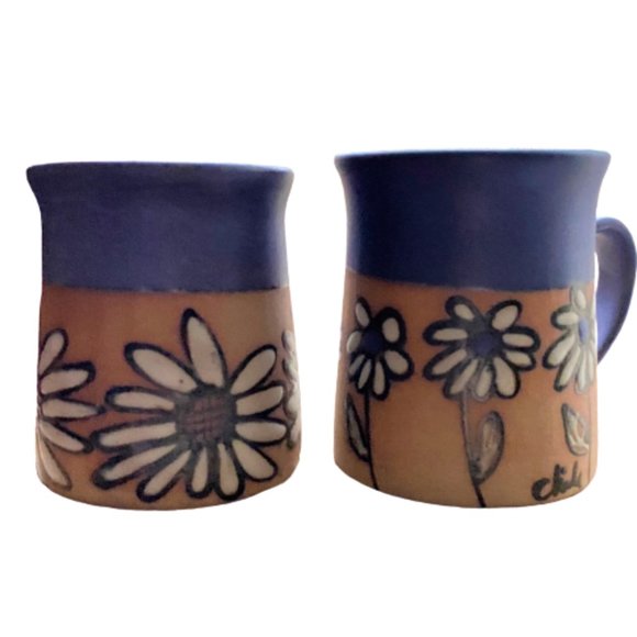 Vintage Other - Carlota set of 2 boho floral daisy handcrafted coffee cups mugs signed stoneware